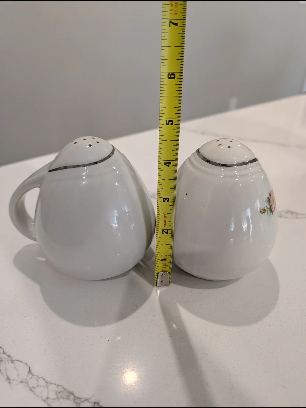 Vintage MCM Ceramic Salt & Pepper Shakers Floral Silver Trim Handled Cork USA